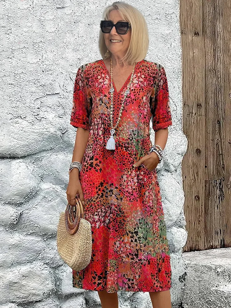 Aluna | Florales Midikleid mit V-Ausschnitt - Lässiges Sommerkleid, kurze Ärmel, leichtes Gewicht