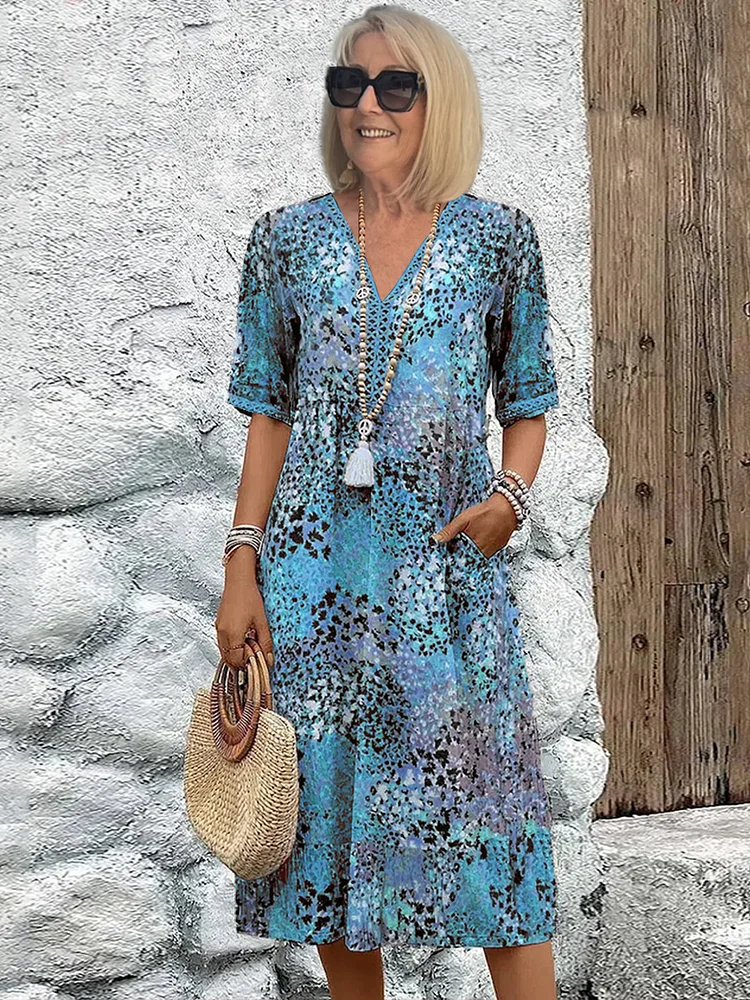 Aluna | Florales Midikleid mit V-Ausschnitt - Lässiges Sommerkleid, kurze Ärmel, leichtes Gewicht