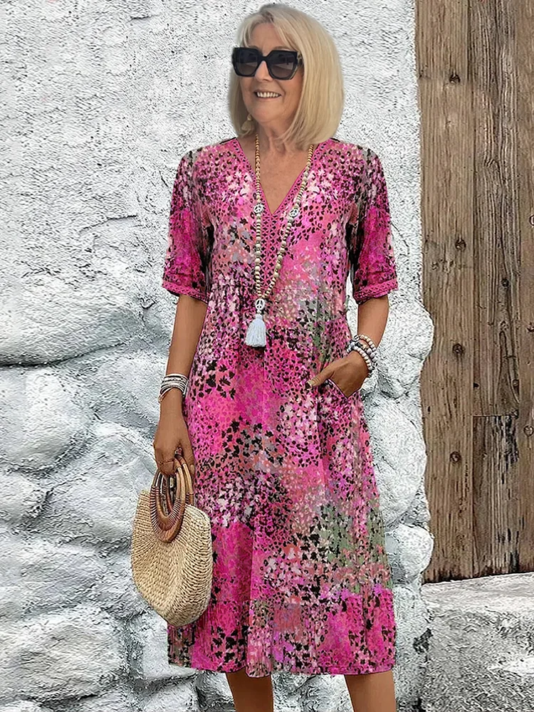 Aluna | Florales Midikleid mit V-Ausschnitt - Lässiges Sommerkleid, kurze Ärmel, leichtes Gewicht