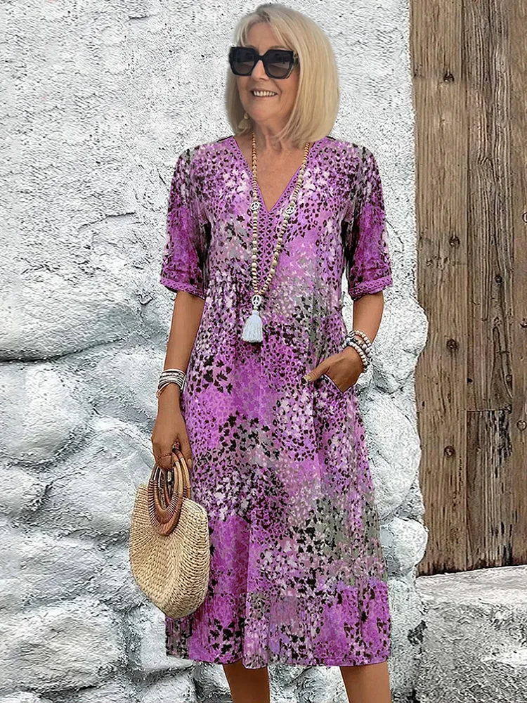 Aluna | Florales Midikleid mit V-Ausschnitt - Lässiges Sommerkleid, kurze Ärmel, leichtes Gewicht