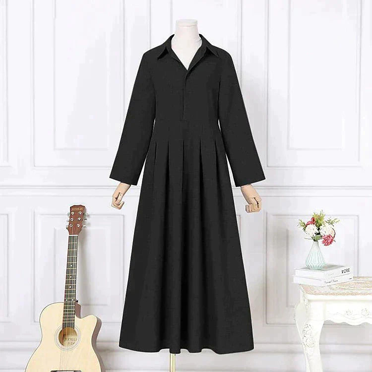 Valesia | Vintage Maxikleid - Lange Ärmel, Plissee-Rock, Reverskragen, eleganter Retro-Stil