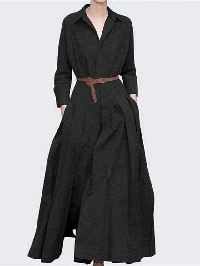 Valesia | Vintage Maxikleid - Lange Ärmel, Plissee-Rock, Reverskragen, eleganter Retro-Stil