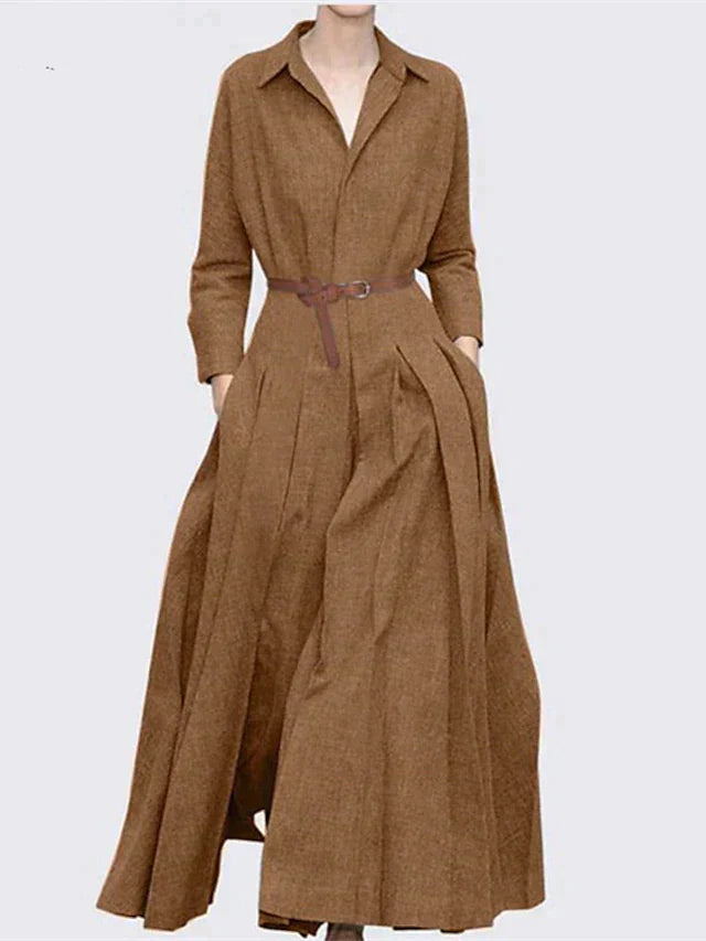 Valesia | Vintage Maxikleid - Lange Ärmel, Plissee-Rock, Reverskragen, eleganter Retro-Stil