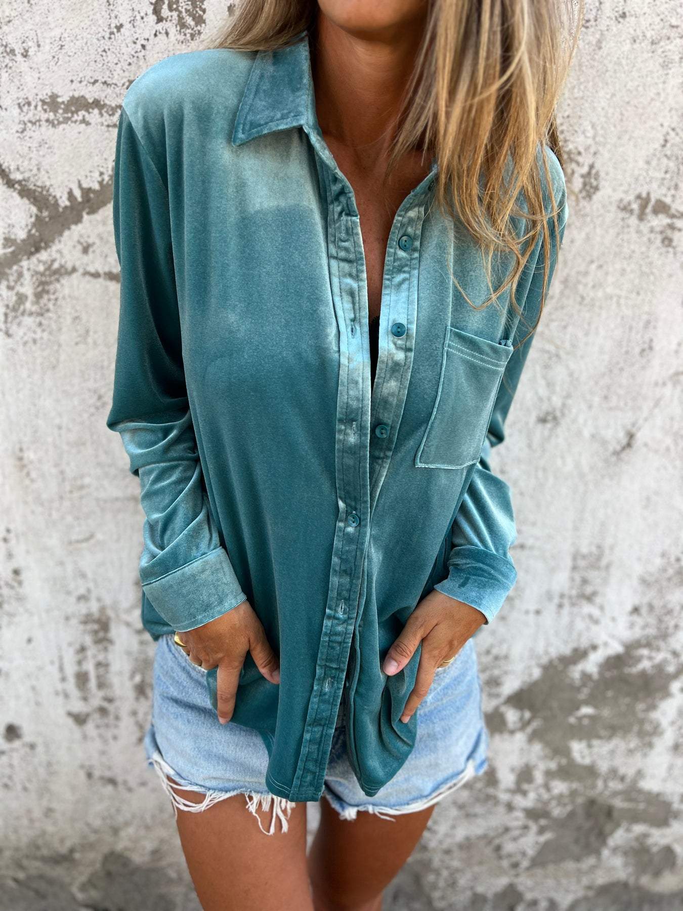 Jaleia | Samthemd mit langen Ärmeln - Bluse mit Knopfleiste, weicher Griff, elegantes Oberteil