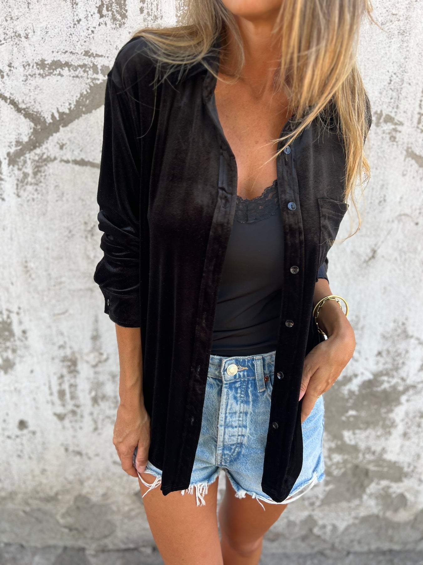 Jaleia | Samthemd mit langen Ärmeln - Bluse mit Knopfleiste, weicher Griff, elegantes Oberteil