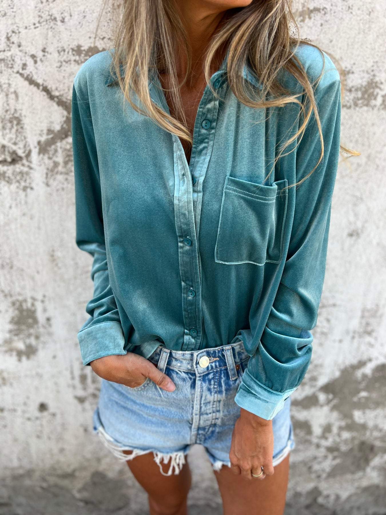 Jaleia | Samthemd mit langen Ärmeln - Bluse mit Knopfleiste, weicher Griff, elegantes Oberteil