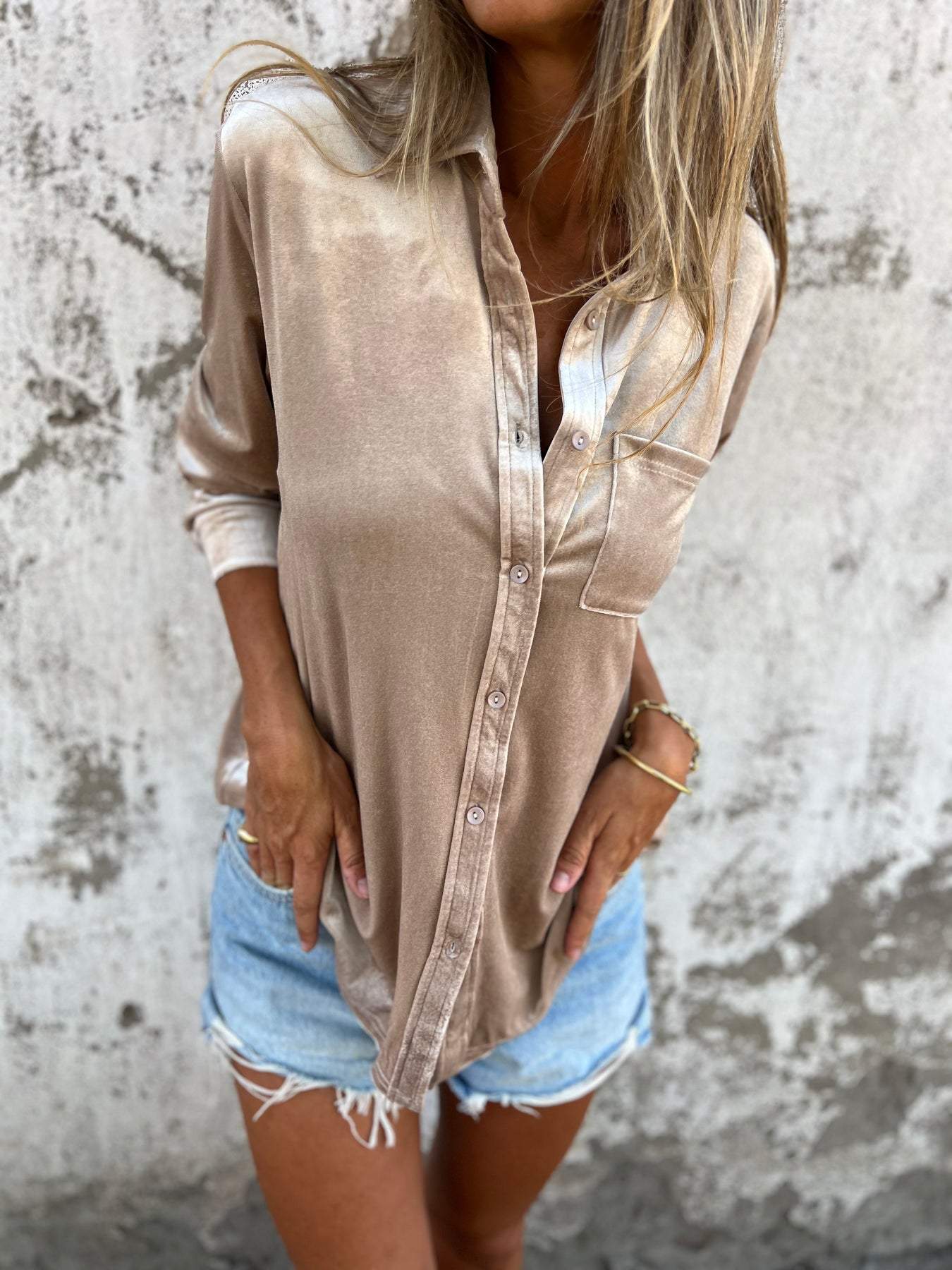 Jaleia | Samthemd mit langen Ärmeln - Bluse mit Knopfleiste, weicher Griff, elegantes Oberteil