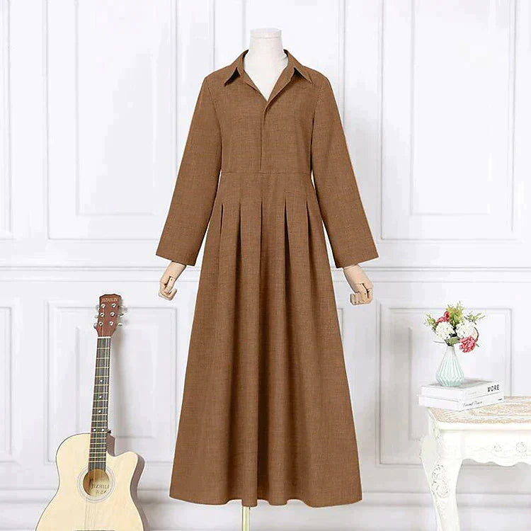 Valesia | Vintage Maxikleid - Lange Ärmel, Plissee-Rock, Reverskragen, eleganter Retro-Stil