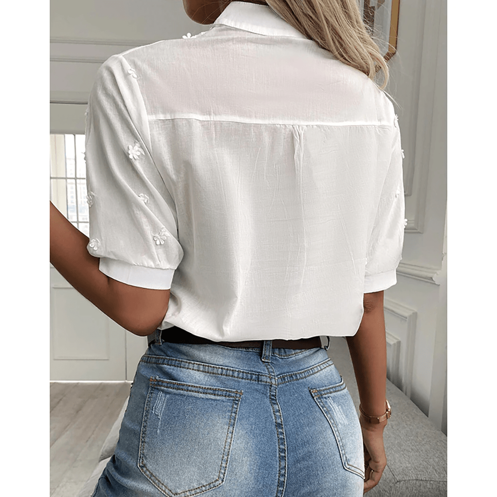 Novara | Weiße Spitzenbluse - V-Ausschnitt mit Blumenstickerei, Elegantes Damenoberteil