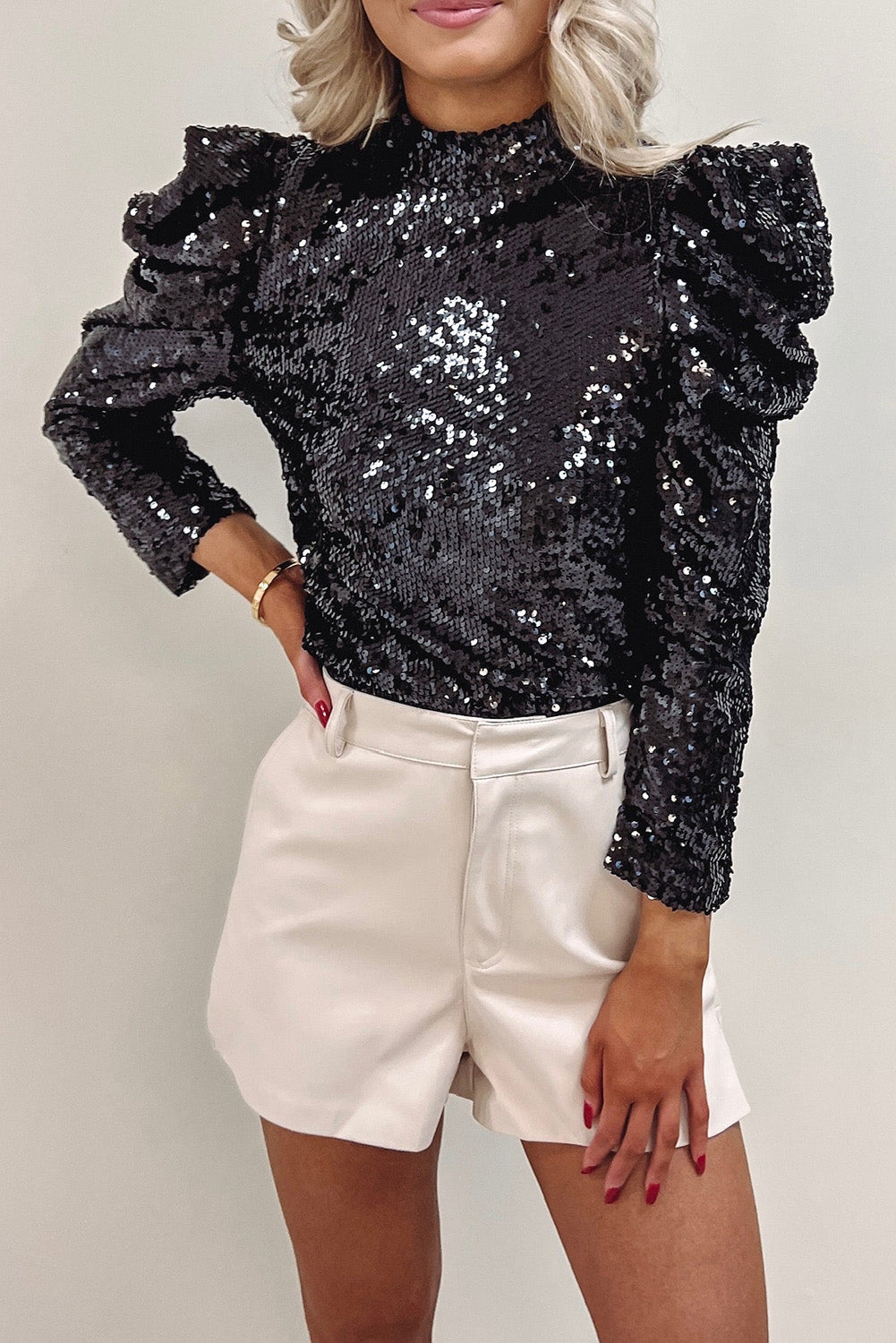Lyessa | Langärmeliges Pailletten-Party-Top - Puffärmel, glitzernde All-Over-Pailletten-Bluse