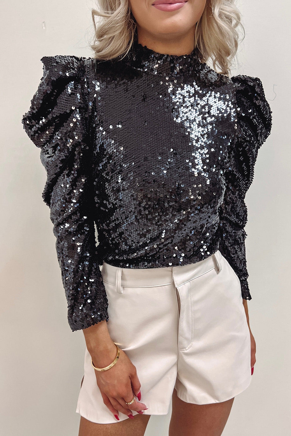 Lyessa | Langärmeliges Pailletten-Party-Top - Puffärmel, glitzernde All-Over-Pailletten-Bluse