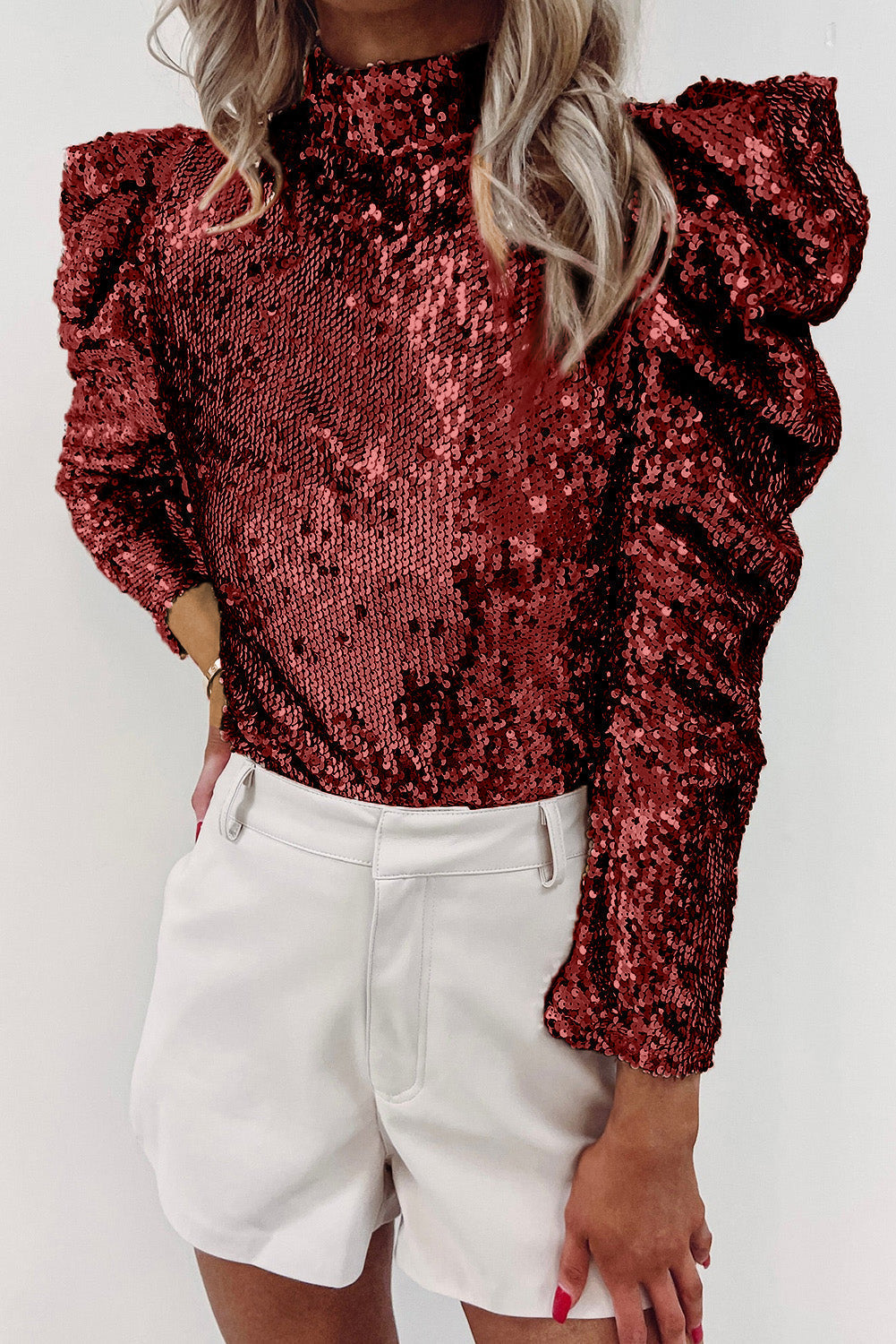 Lyessa | Langärmeliges Pailletten-Party-Top - Puffärmel, glitzernde All-Over-Pailletten-Bluse