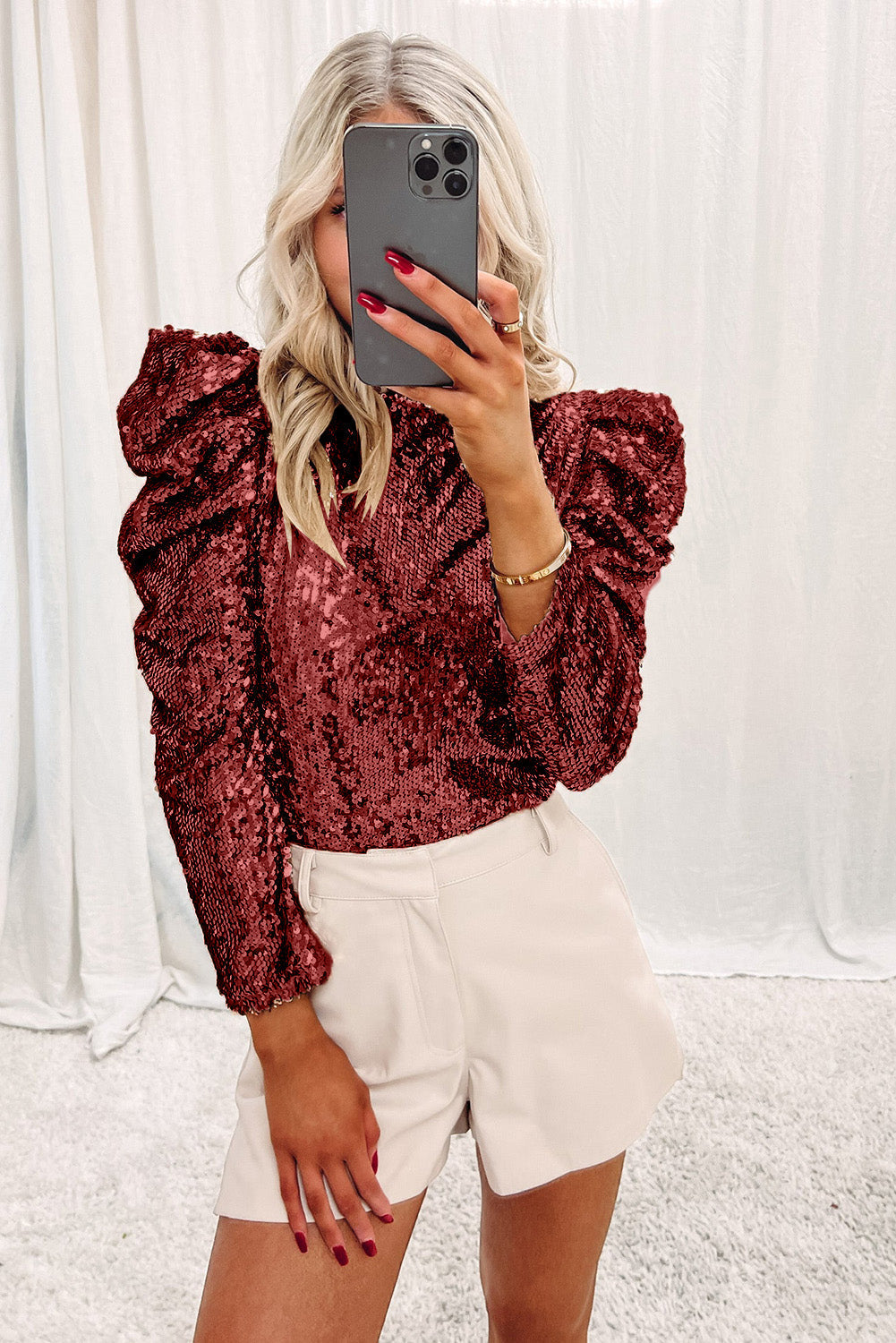 Lyessa | Langärmeliges Pailletten-Party-Top - Puffärmel, glitzernde All-Over-Pailletten-Bluse