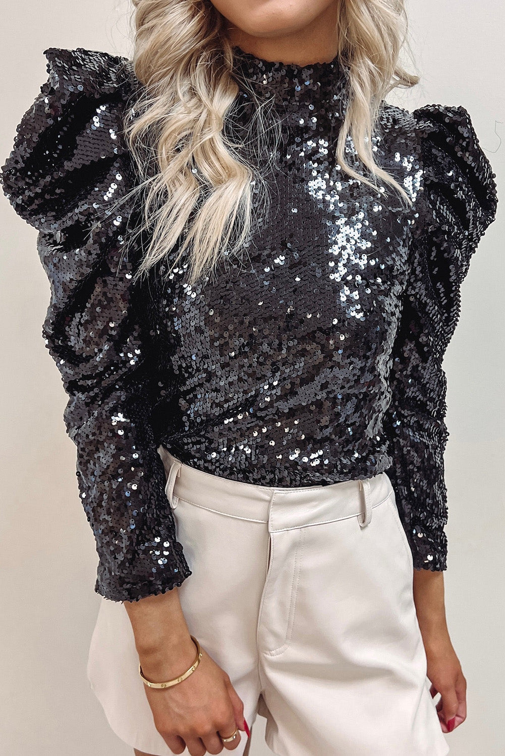 Lyessa | Langärmeliges Pailletten-Party-Top - Puffärmel, glitzernde All-Over-Pailletten-Bluse