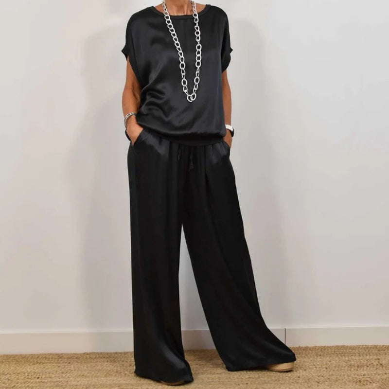 Kessia | Zweiteiliges Set aus Satin für Damen - Kurzärmeliges Oberteil und Hose mit weitem Bein