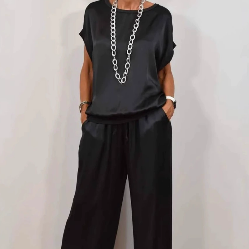 Kessia | Zweiteiliges Set aus Satin für Damen - Kurzärmeliges Oberteil und Hose mit weitem Bein