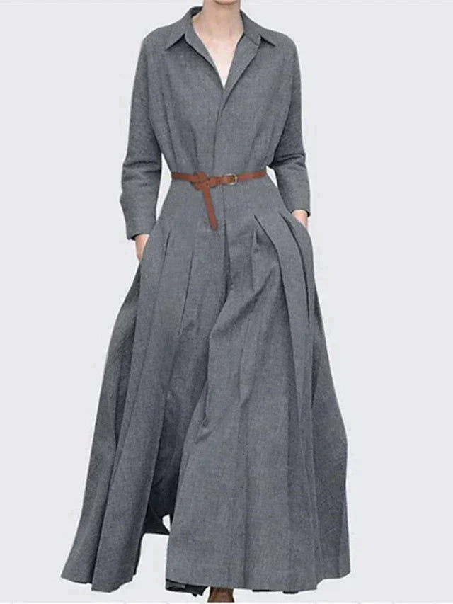 Valesia | Vintage Maxikleid - Lange Ärmel, Plissee-Rock, Reverskragen, eleganter Retro-Stil
